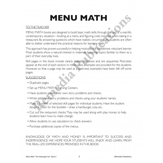 Menu Math: The Hamburger Hut x, ÷ (eBook)