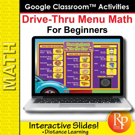 Drive Thru Menu Math for Beginners | Google Classroom Slides Distance Learning