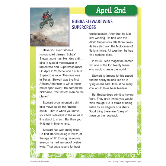21st Century APRIL DAILY COMPREHENSION: High Interest Reading Activities