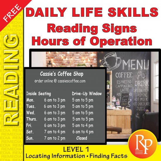 FREE Daily Life Skills 1: Reading & Understanding Signs & Hours Of Operation